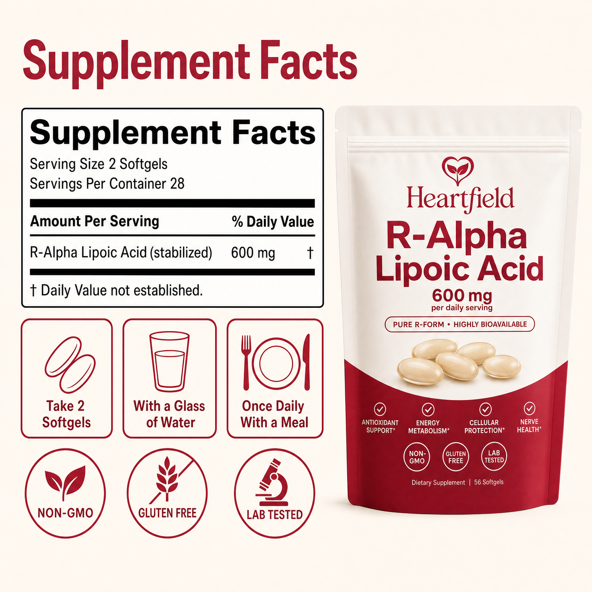 Supplement Facts: R-Alpha Lipoic Acid 600mg per 2 softgels