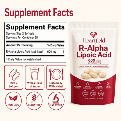 Supplement Facts: R-Alpha Lipoic Acid 600mg per 2 softgels